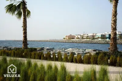 a beach with palm trees and a body of water at Veluxa - Stunning Sea View - Luxe 3 Bed in La Mer in Dubai