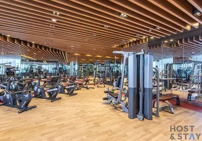a gym with rows of exercise bikes and treadmills at Upgraded Studio in Business Bay in Dubai