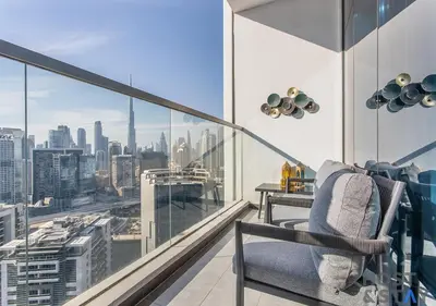 an apartment balcony with a view of the city at Upgraded Studio in Business Bay in Dubai