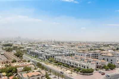 an aerial view of a city with buildings at One Bedroom Apartment in Madinat Jumeirah Living by The S Holiday Homes in Dubai