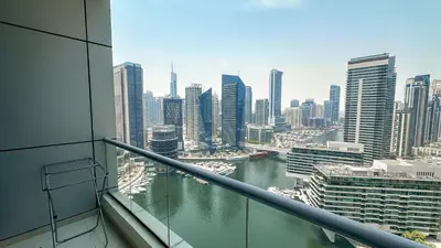 a view of a city skyline from a building at Wonderful 1BR Apt with Marina view in Dubai