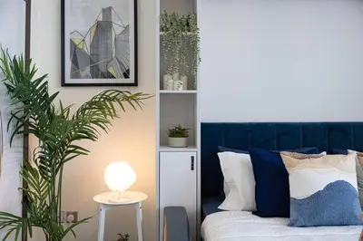 a living room with a bed and a plant at Studio - Miraclz Tower in Arjan in Dubai