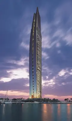 a rendering of a tall building in the water at Luxe Sea View High Floor 1 BR in Dubai Marina by Maxx Value Homes in Dubai