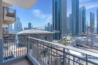 a balcony with a view of a city at City skyline view I Super-fast Wi-fi I Downtown in Dubai