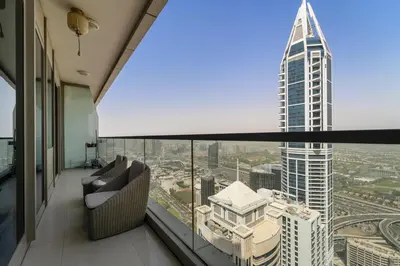 a room with a view of a tall building at StoneTree - High Floor - Prime location in Dubai