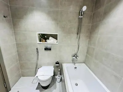 a bathroom with a toilet and a bath tub at Fully Furnished 1br W Relaxing Lagoon View in Dubai