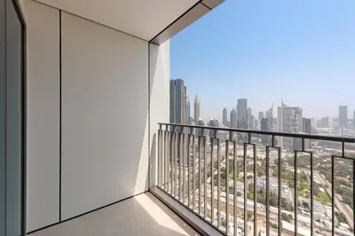 a balcony with a view of the city at Elegant - 1BR - 8 MIN Burj Khalifa & Dubai Mall in Dubai