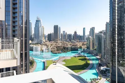 a view of a city from a building at Downtown,Fountain view, nearBurj Khalifa,3 minutes walk to Dubai Mall in Dubai