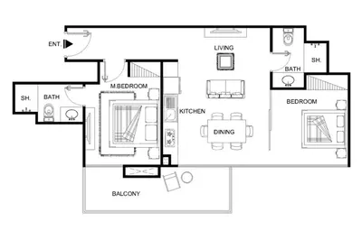 a black and white floor plan of a house at LUX The Ultimate Marina View Suite in Dubai