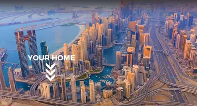 an aerial view of a city with the words your home at Amazing Roof Top Pool in Nice 1 BHK Flat in Marina in Dubai