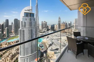 a balcony with a view of a city at Keysplease 3 BR Burj View, Dubai Mall Access Boulevard Point Tower in Dubai