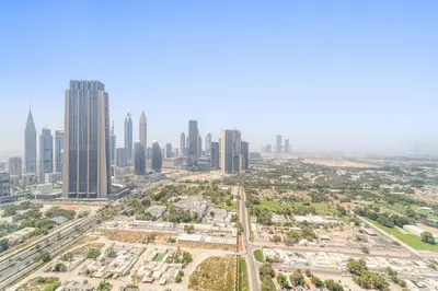 an aerial view of a city with tall buildings at Silkhaus Elegant 1BDR in Downtown Views II in Dubai