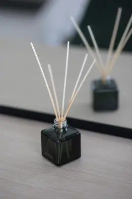 a small black vase with bamboo sticks in it at Cozy Studio in Westwood By IMTIAZ in Dubai