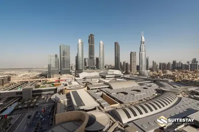 an aerial view of a city with tall buildings at Emaar Residence Fashion Avenue in Dubai