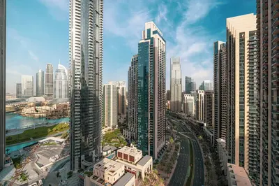 an aerial view of a city with tall buildings at Burj Crown - Downtown Elegance Opera Boulevard View by Dubai Mall in Dubai