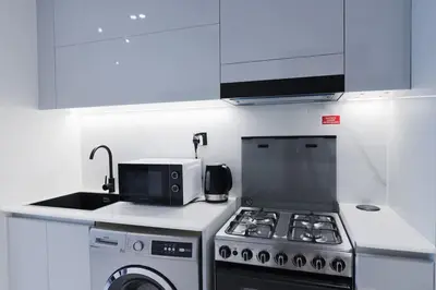 a kitchen with a stove and a microwave at Elegant Studio in Binghatti Canal in Dubai