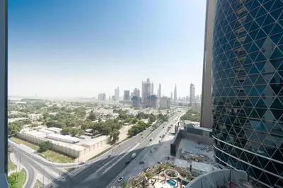 a view of a city from a building at Comfy Studio Apartment in DIFC in Dubai