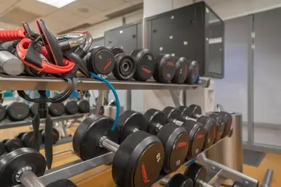 a row of dumbbells on a rack in a gym at Bellavista 1 Bedroom Full Burj Khalifa View 29 Boulevard Downtown Dubai in Dubai