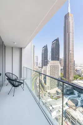 a balcony with a view of the city at Stylish 2BR in Forte 2 in Dubai