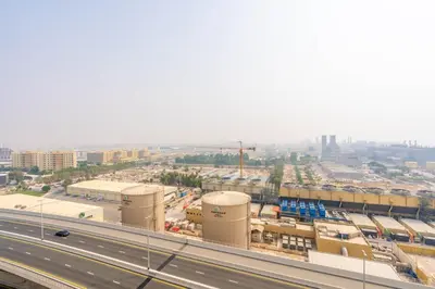 an overhead view of a city with a highway at GuestReady - Lux nest near JBR beach in Dubai
