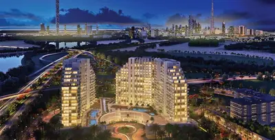 an overhead view of a city at night at Farhad Azizi Residence - Al Jaddaf by Golden Casa in Dubai