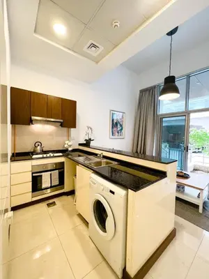 a kitchen with a washer and dryer in it at Beautiful studio apartment in Dubai