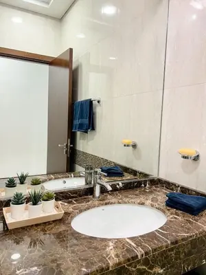 a bathroom with a sink and a large mirror at Beautiful studio apartment in Dubai