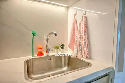 a kitchen sink with plants and a shower curtain at Studio Haven in Dubai