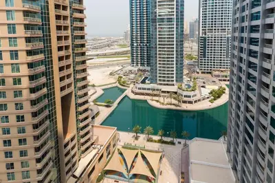 an aerial view of a city with tall buildings at New building l Near Metro l Spacious lay out in Dubai