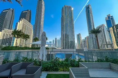 a view of a city skyline with tall buildings at Forte, Downtown- Elegant 1-BR in Dubai