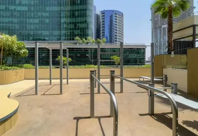 a view of a city skyline with tall buildings at Spacious 1br in Ahad, Business Bay in Dubai