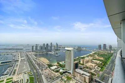 a view of the city from a skyscraper at Sky Haven in 45th Floor 2BR with Dubai Harbour Views in Dubai
