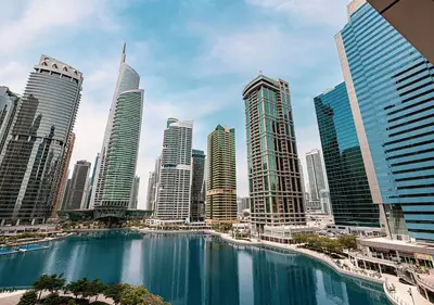 a large body of water in a city with tall buildings at Lux Studio in JLT with Amazing View Next to the Metro - Dubai Arch tower in Dubai