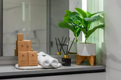 a bathroom counter with towels and a potted plant at Canal View Studio Downtown - Near Dubai Mall & Burj Khalifa - MAG 318 in Dubai