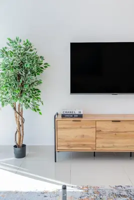 a tv on top of a wooden cabinet with a plant at ShoresInn - Beautiful residence with Marina Views in Dubai