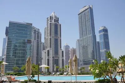 a view of a city skyline with tall buildings at Luxury Downtown Dubai Burj Khalifa & Fountain View in Dubai