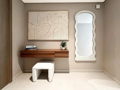 a dressing room with a mirror and a stool at Sky High Luxury 50th FLR Lux 2BDR Apartment in Downtown in Dubai