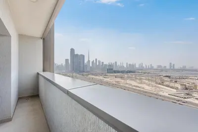 a balcony with a view of a city skyline at STAY BY LATINEM Luxury 2BR Holiday Home CVR B1705 near Burj Khalifa in Dubai