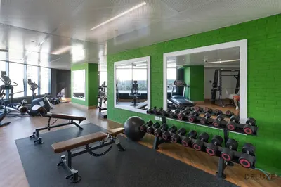 a gym with a green wall and lots of equipment at Stylish Studio Apartment in Blue Wave Tower, Dubailand by Deluxe Holiday Homes in Dubai
