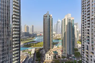 a view of a city skyline with tall buildings at Silkhaus Heart of Downtown 3 BDR with Maid Room in Dubai