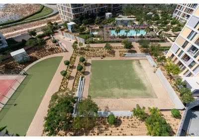 an overhead view of a park in a city at Bright and Modern 1BR Midtown Near Expo Site by Vibel in Dubai
