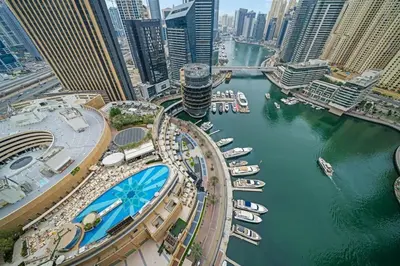 a view of a marina with boats in the water at Amazing 1 Bd Marina View LLC in Dubai