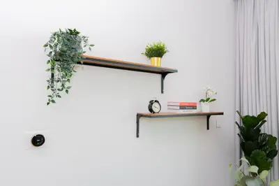 two shelves on a white wall with plants at Elite Escape - 1 BHK Getaway Dubai Mall Access - 1509 in Dubai