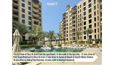 a screenshot of a tweet about a building at 1BD Partial Burj Al Arab View Prime Location in Dubai