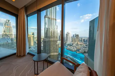 a hotel room with a view of the city at Address Residence Opera, Downtown, Dubai in Dubai
