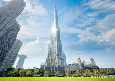 a view of the burj khalifa tallest building in the world at 5 Min Walk to Burj Khalifa 2BHK Luxury Downtown Burj Haven in Dubai
