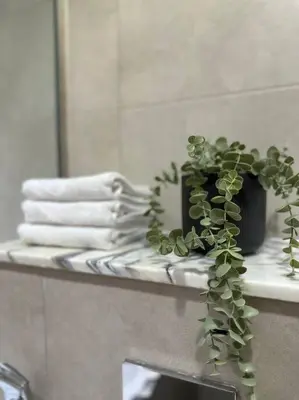 a bathroom counter with towels and a plant on it at 5 Star Apartment with Burj View Infinity Pool and Gym Spa in Dubai