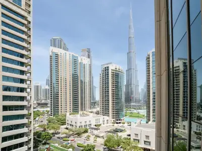 a view of a city skyline with tall buildings at Downtown 1 Bed - Burj Khalifa Balcony View in Dubai