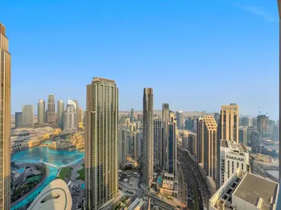 an aerial view of a city with tall buildings at Panoramic Downtown & Fountain views from High Floors at Forte by Propigo in Dubai