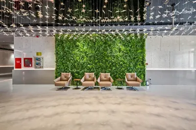 a row of chairs in a room with a green wall at Spacious Studio With Dubailand Charm in Dubai